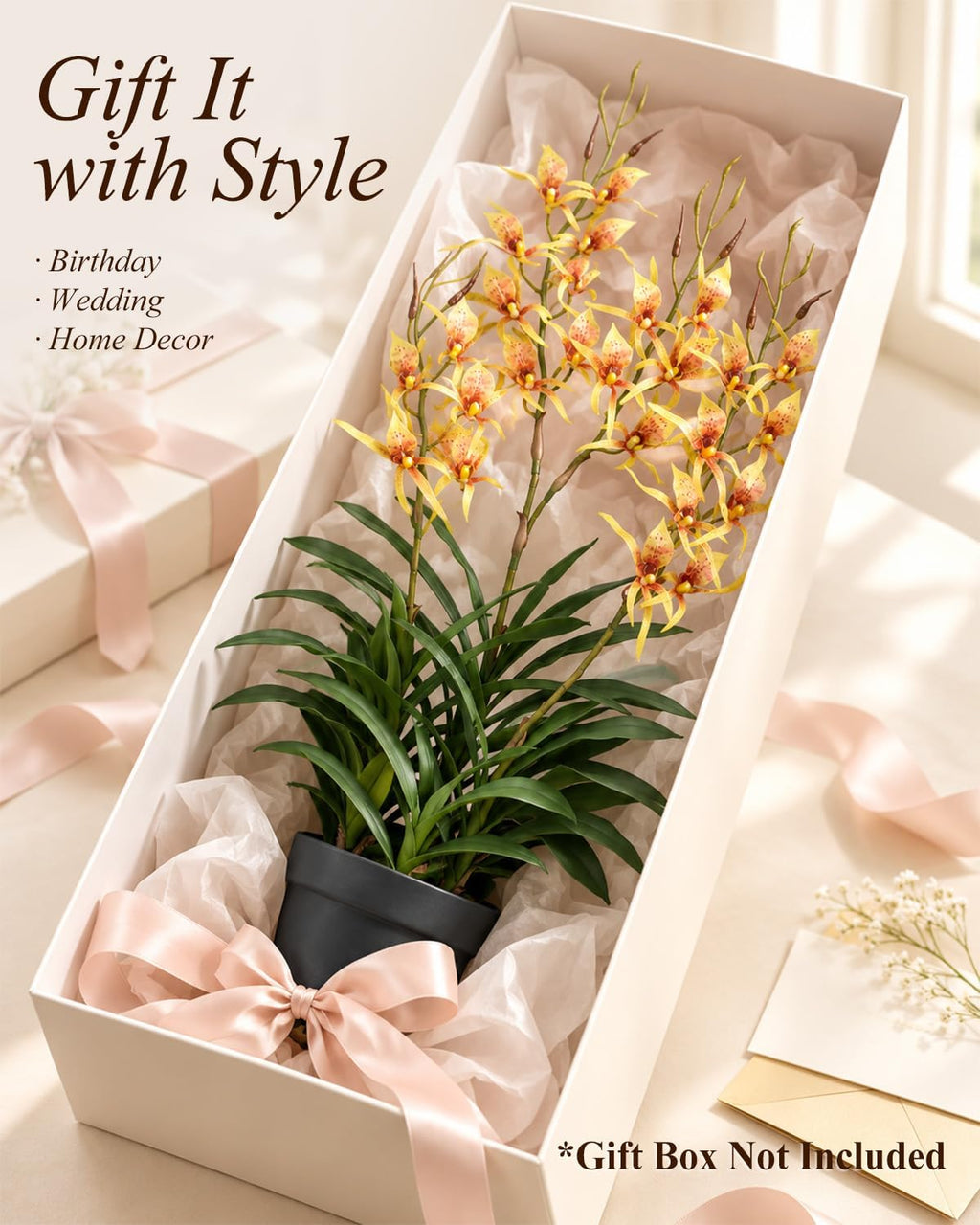 29.5" Artificial Dendrobium Orchid with Black Pot, Orange-Yellow Faux Orchid, Artificial Flowers for Sunroom, Office & Warm Home Accent Decor, Set of 1