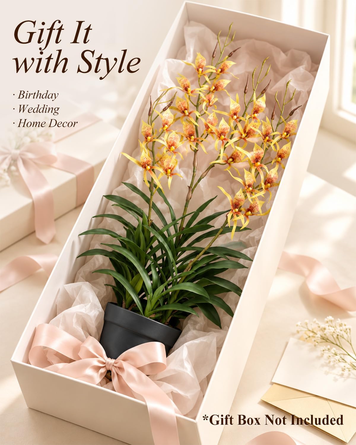 29.5" Artificial Dendrobium Orchid with Black Pot, Orange-Yellow Faux Orchid, Artificial Flowers for Sunroom, Office & Warm Home Accent Decor, Set of 1