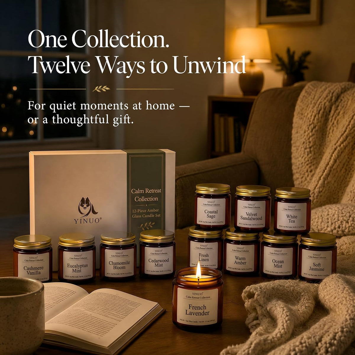 YINUO LIGHT 12 Scented Candles Gift Set, Soy Wax, Amber Glass, 3.5 oz