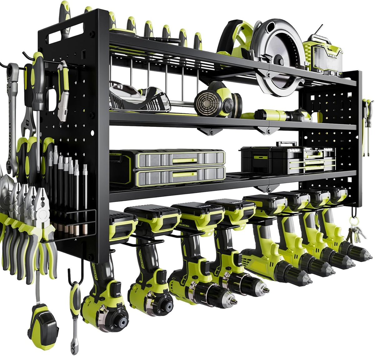 Power Tool Drill Holder Wall Mount, 4Tier Garage Organizer, Black
