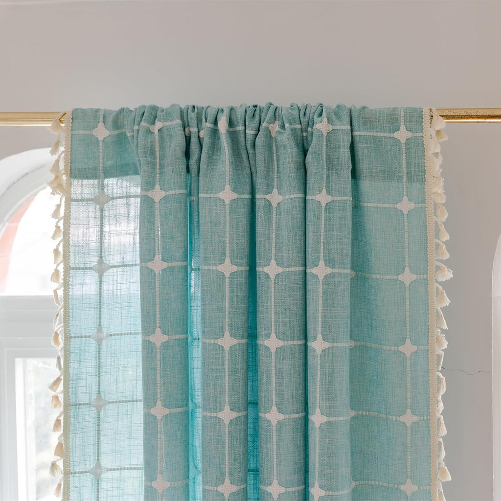 Deeprove Green Boho Curtains 84 Inches Long for Bedroom Nursery Room, Cyan Coastal Teal Plaids Embroidery Semi Blackout Bohemian Window Treatment Grids Drape Tassels, 1 Panel W52 x L84, Aqua
