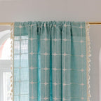 Deeprove Green Boho Curtains 84 Inches Long for Bedroom Nursery Room, Cyan Coastal Teal Plaids Embroidery Semi Blackout Bohemian Window Treatment Grids Drape Tassels, 1 Panel W52 x L84, Aqua