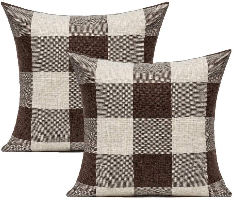 VAKADO Brown Beige Buffalo Plaids Decorative Throw Pillow Covers Farmhouse Retro Checked Square Cushion Cases Classic Coffee Check Home Decor Outdoor for Couch Sofa Patio 16x16 Set of 2