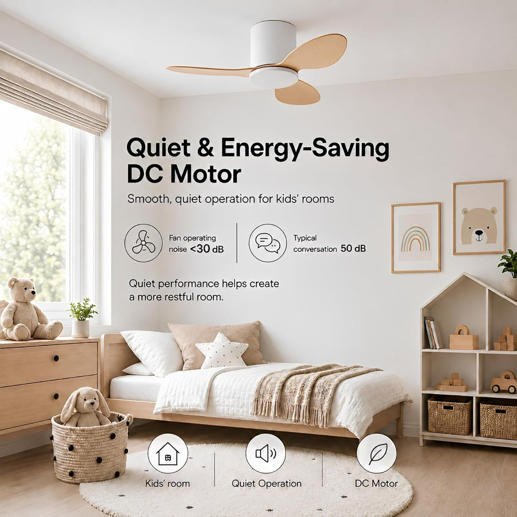 25 Inch Small Ceiling Fan No Light, Low Profile, White Wood Color