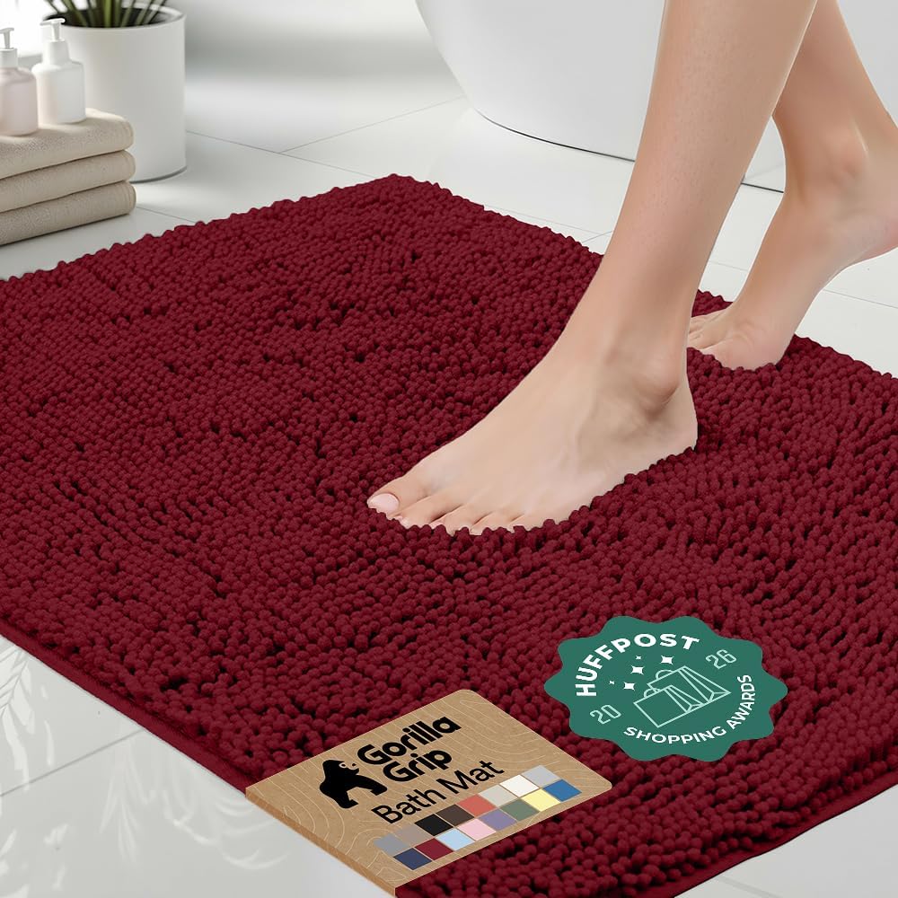 GORILLA GRIP Bath Rug Mat for Bathroom, Absorbent Chenille, 24x17 Burgundy
