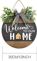 Interchangeable Seasonal Round Wood WELCOME TO OUR HOME Sign for Front Door,Rustic Hanging Wood Wreaths Sign,Farmhouse Porch Fence Welcome Wreaths Decorations.(12inch)