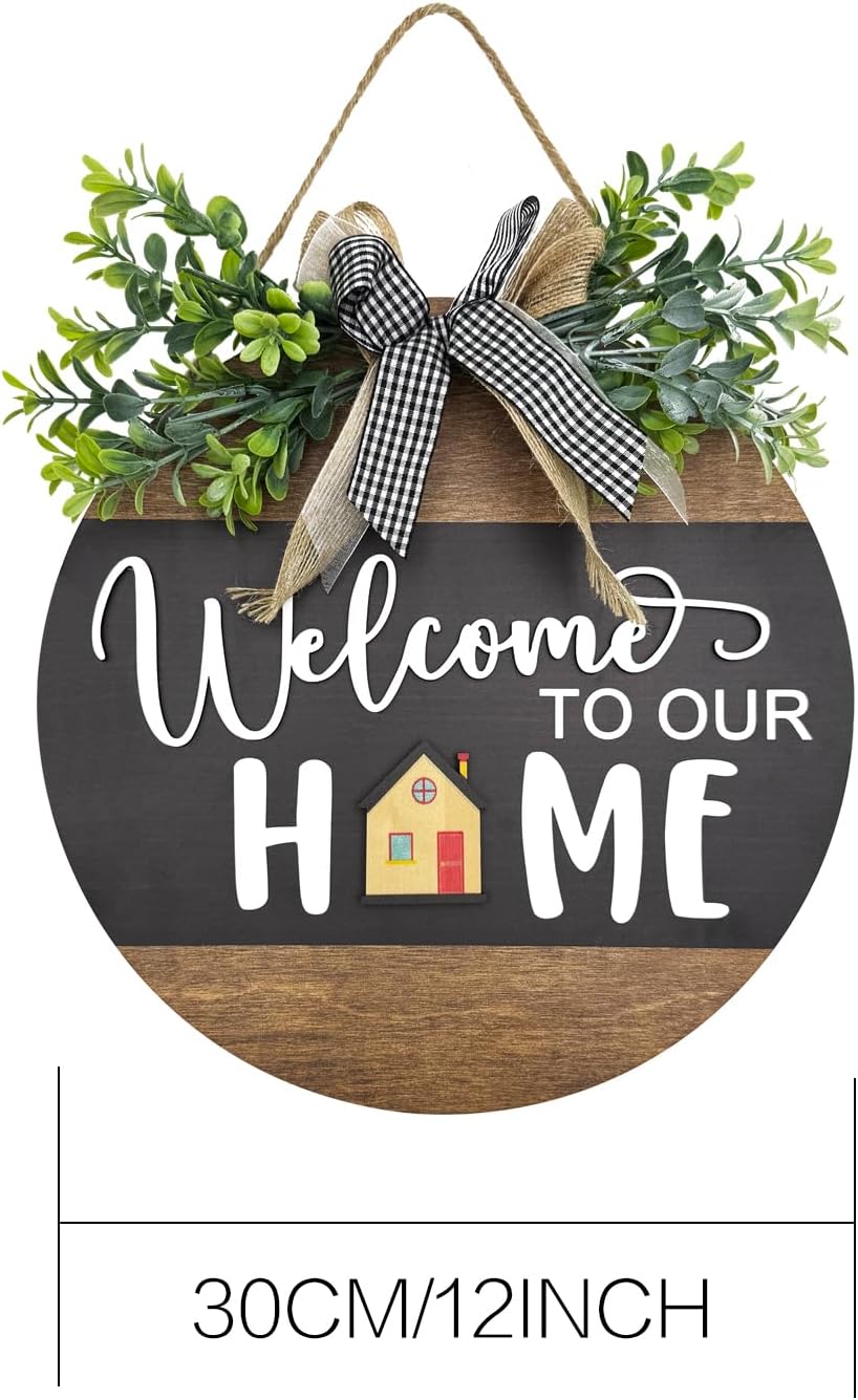 Interchangeable Seasonal Round Wood WELCOME TO OUR HOME Sign for Front Door,Rustic Hanging Wood Wreaths Sign,Farmhouse Porch Fence Welcome Wreaths Decorations.(12inch)