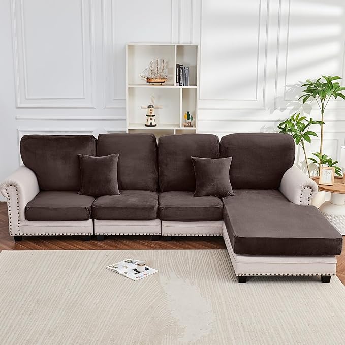Couch Cover 4-Piece Elastic Velvet Couch Cushion Covers & Chaise Slipcovers - Image 9