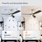 60 Ceiling Fan with Light: Black and Gold Ceiling Fans Reversible 3 Blades 5 Speeds - Modern Ceiling Fan with Remote for Indoor Living Room Bedroom