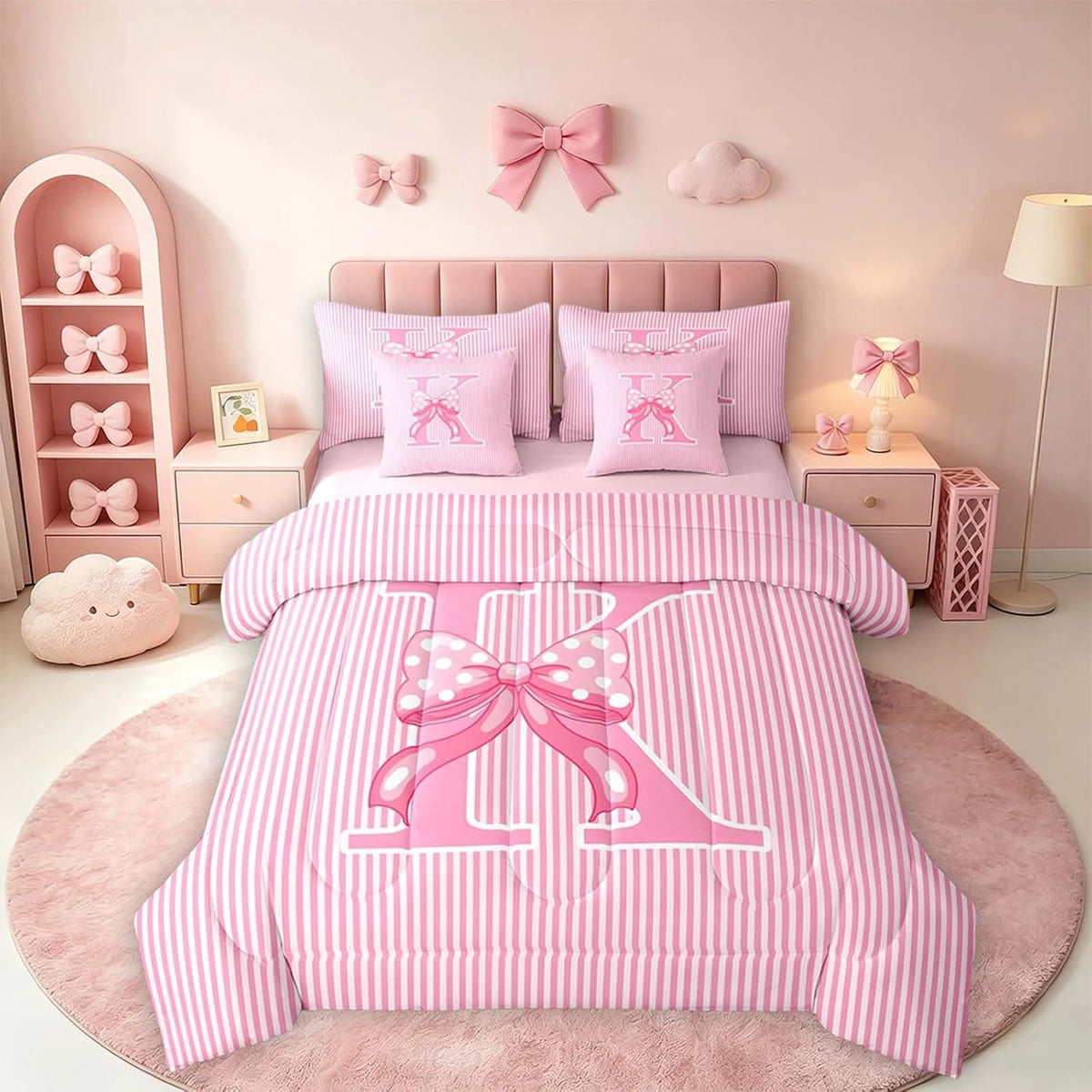 Feelyou Pink Bow Comforter Set with Sheets 7 Piece Full Size Dreamy Princess Bow Bedding Set for Kids Boys Girls Personalized Letter A Bed in a Bag Room Decor Soft Microfiber