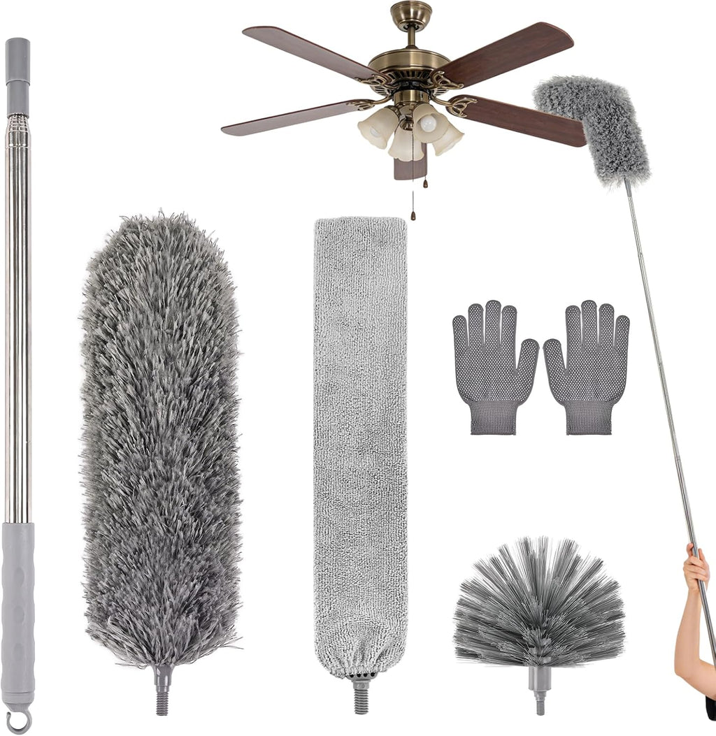 Microfiber Feather Duster 5-in-1 Kit with Extension Pole, Washable Cleaning Duster Set with 3 Duster Heads, Cobweb Duster, Corner Brush, 100'' Extendable Long Duster for High Ceilings, Fans, Furniture