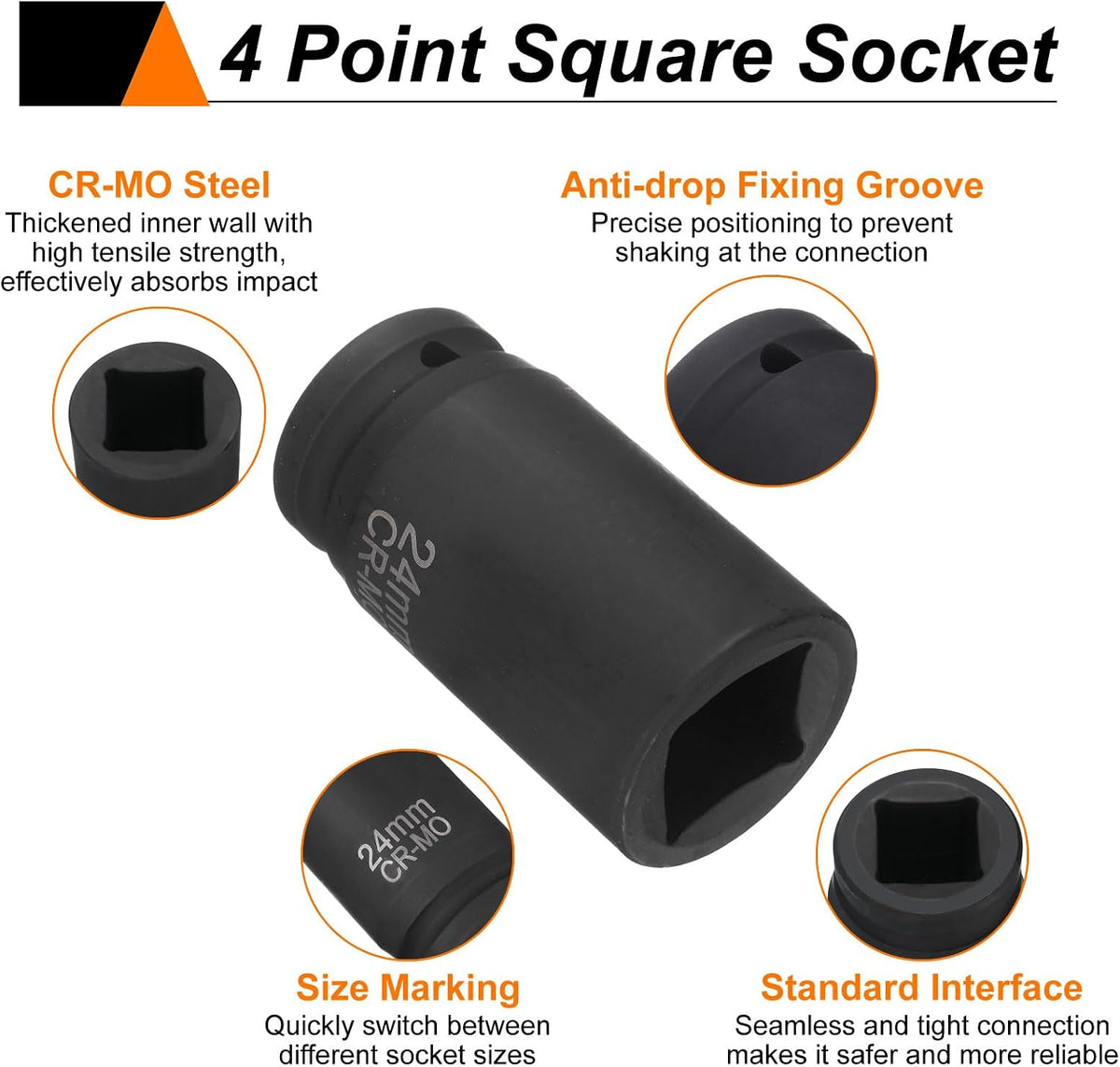 HARFINGTON 4 Point Square Socket 3/4" Drive 24mm Metric CR-MO Phosphate Blackening Standard Wheel Impact Sockets for Auto Repair Mechanical Maintenance Home Install