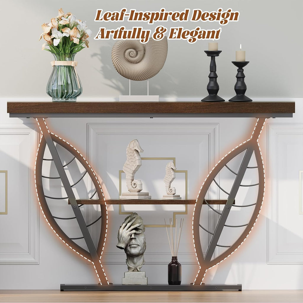 HavenlyYouth Leaf Design Console Table for Entryway, 3-Tier Storage, 30mm Thick Industrial Metal Frame, Easy-to-Assemble Narrow Accent Table, Space-Saving for Hallway, Entrance, Foyer.Walnut