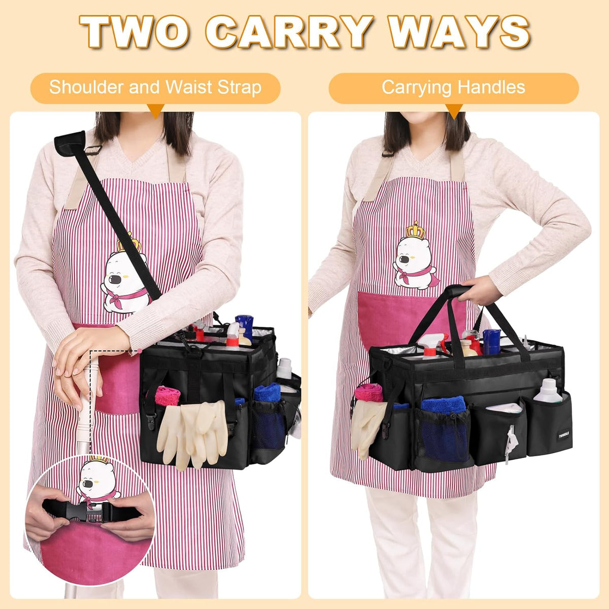 Large Cleaning Caddy For Cleaning Supplies,Cleaning Bag With Waist Belt & Shoulder Straps, Detachable Divider,Cleaning Supply Caddy For Housekeepers & Cleaners