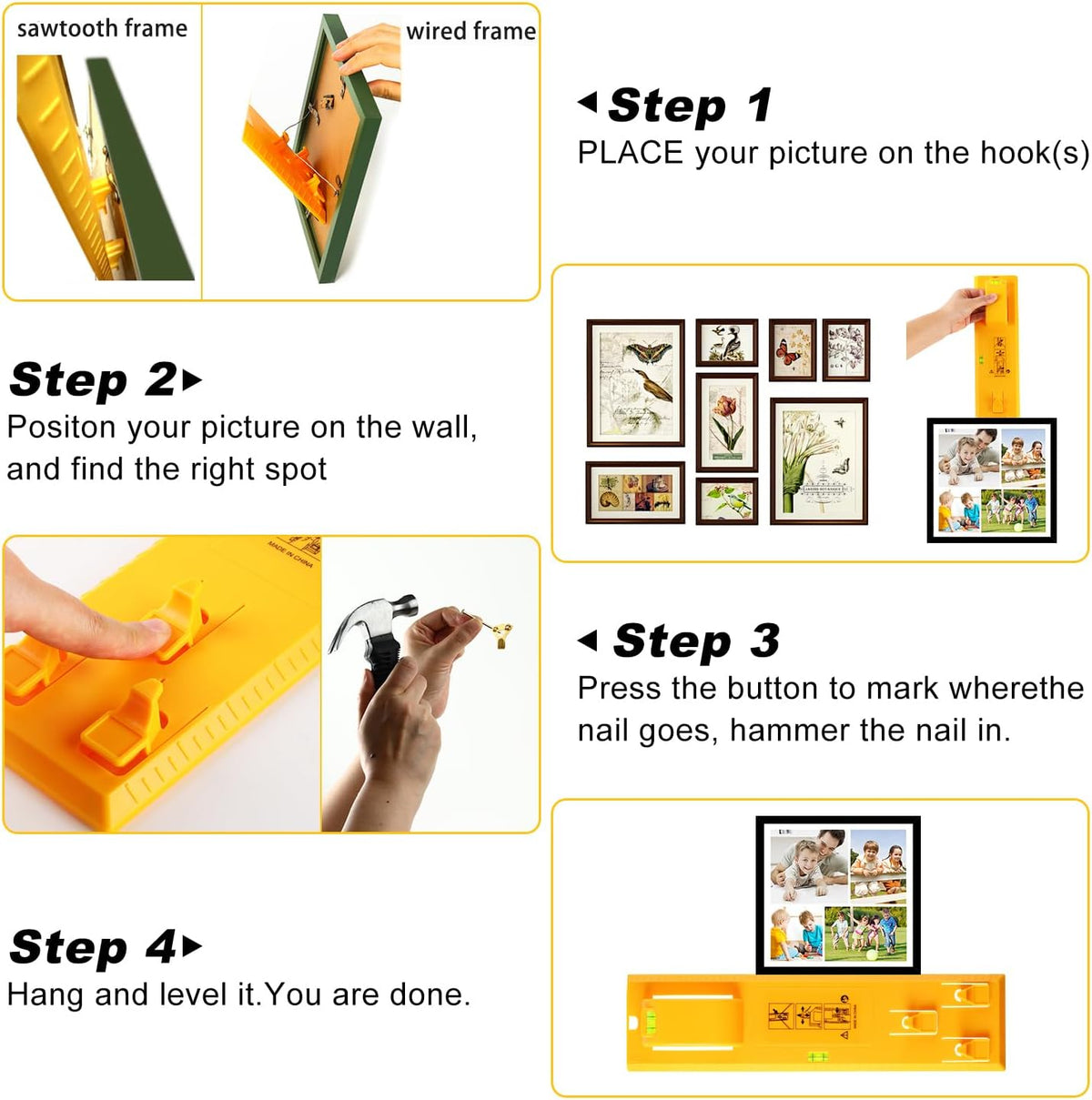 Picture Hanging Kit, Include Picture Hanging Tool with Level/ Picture Hanging Hareware/ Small Hammer, for Easy Hang and Level, Wall Hanging Kit Assorted with Sawtooth/ Wire Hanger