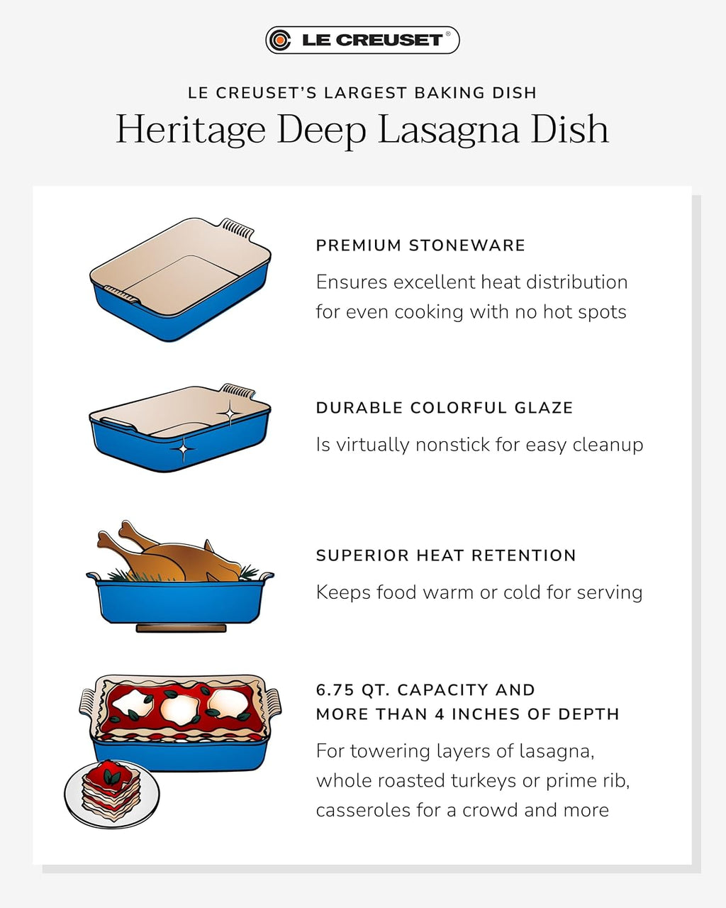 Le Creuset Stoneware Heritage Deep Rectangular Lasagna Dish, 6.75 qt., Oyster