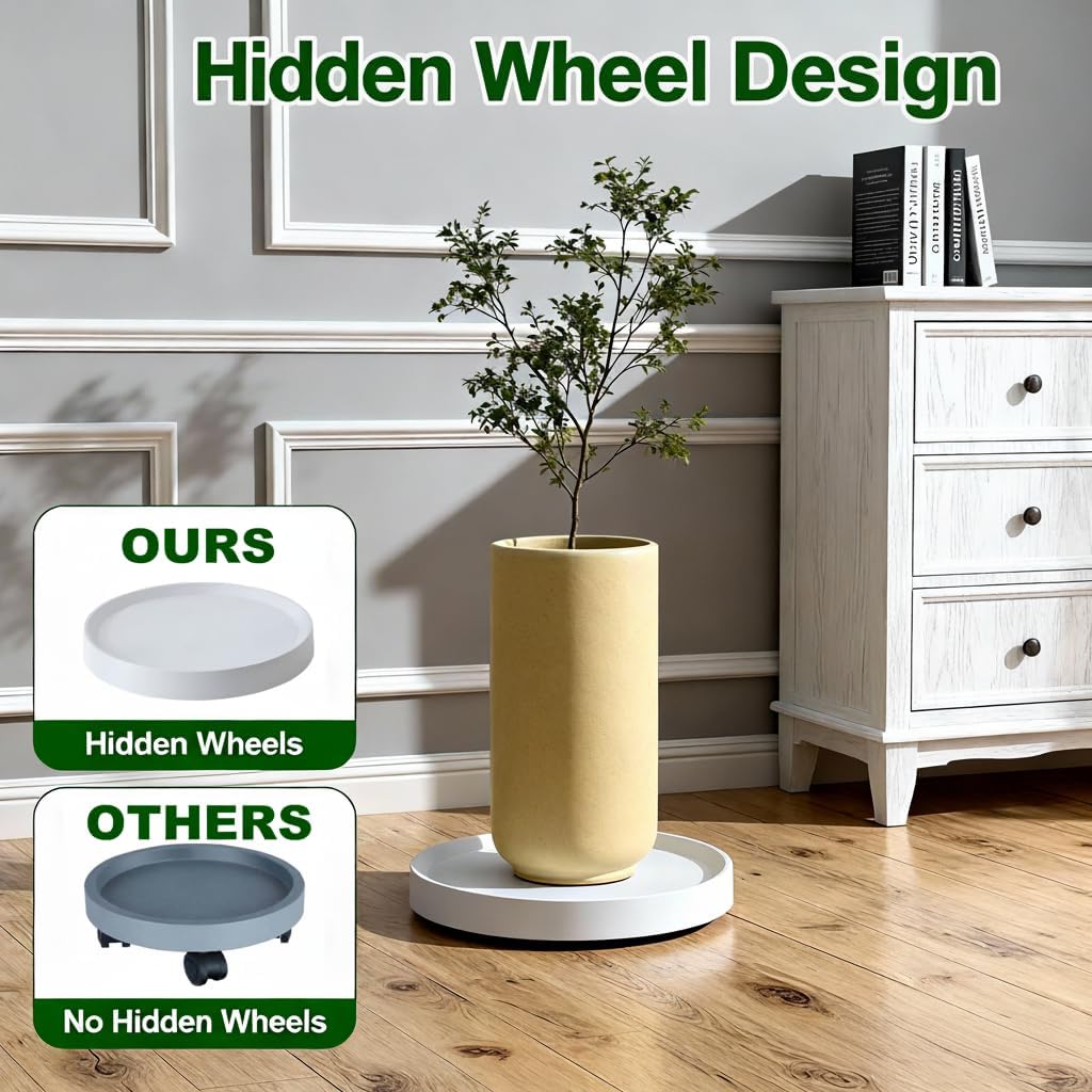 12.4" Plant Caddy with Hidden Wheels,2Pack Round Gray+Light Gray