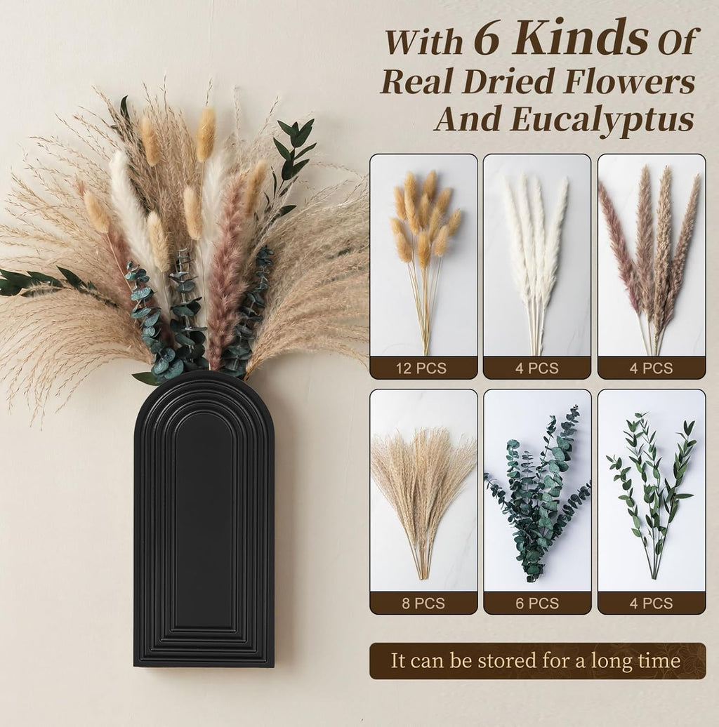 2 Pack Wooden Wall Vase Set with Pampas Grass Eucalyptus, Modern Farmhouse Boho Wall Decor for Living Room, Entryway, Hallway, Bathroom, Dining Room, Black Wall Art for Home Decoration
