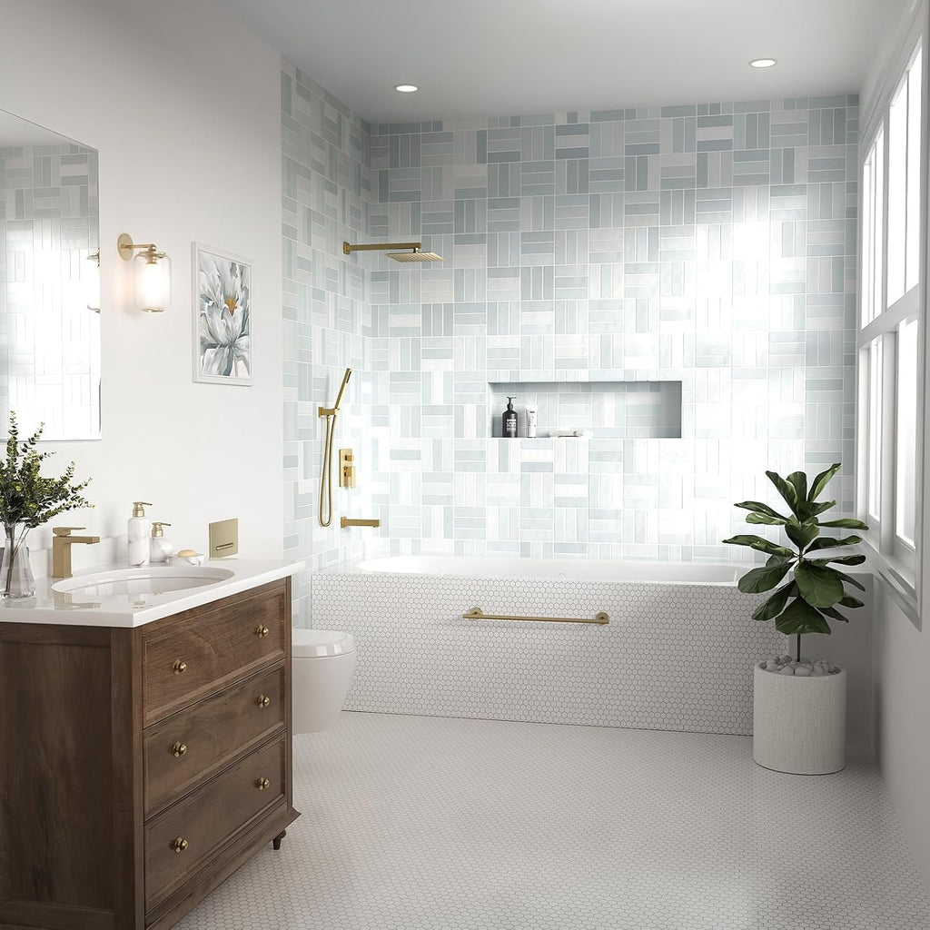 Lava Odoro Modern 3-Setting Square Shower and Tub Faucet Set with Shower Head and Handheld Sprayer Gold, Rainfall Shower System with Tub Spout, Shower Valve Trim Kit, Champagne Gold, SF103-CB-T