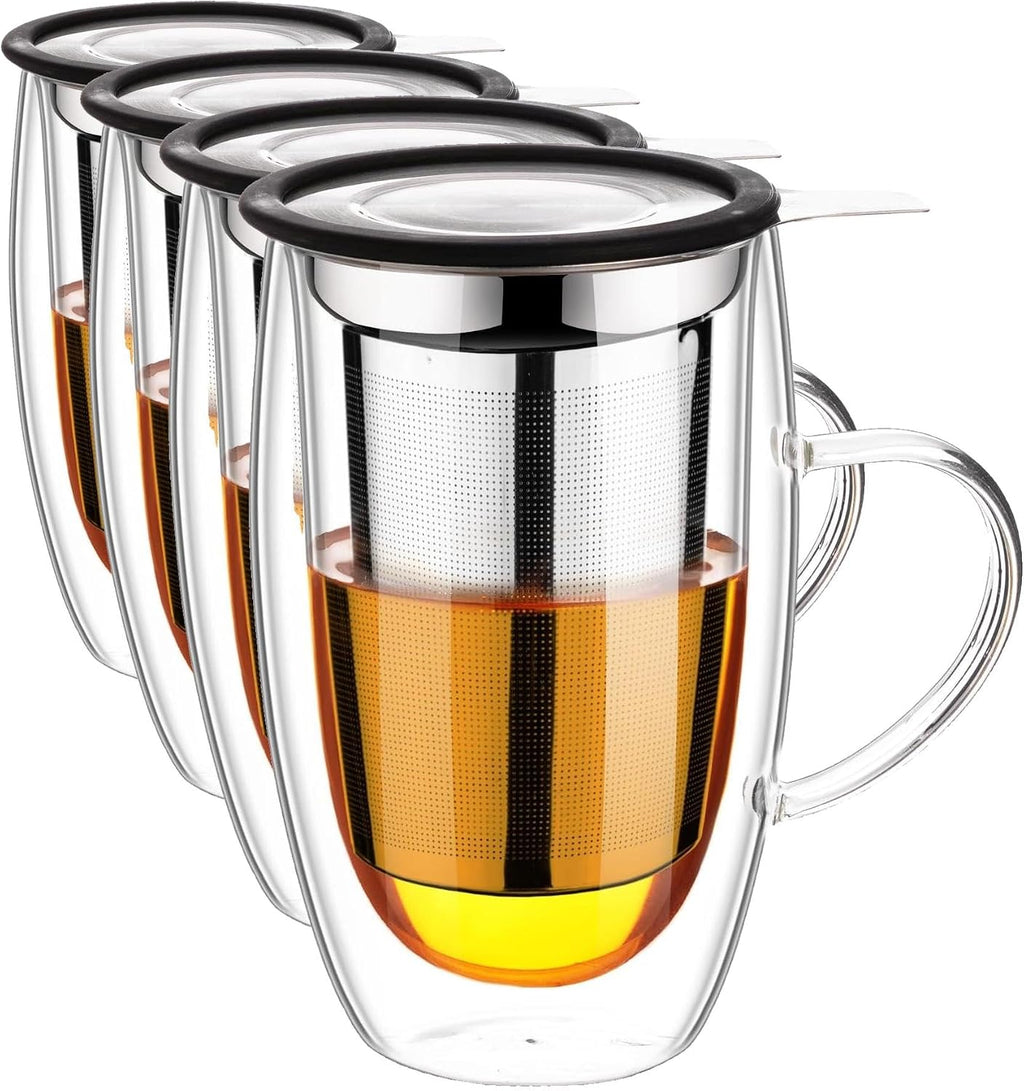 Baalaka Tea Infuser Mug, 16 fl oz Double-Wall Glass for Loose Leaf Tea