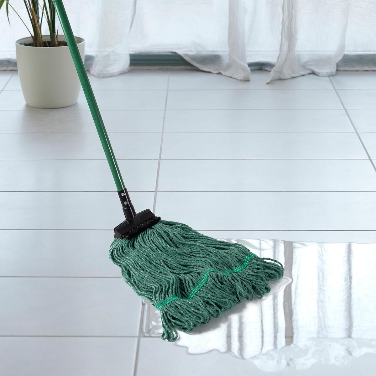 Matthew Large Heavy Duty Mop Head Commercial Replacement for General and Floor Cleaning, Screw-on Wet Industrial Cotton Looped End String Head Refill (Green 6Pack) w/Built-in Flexible Bristle Brush