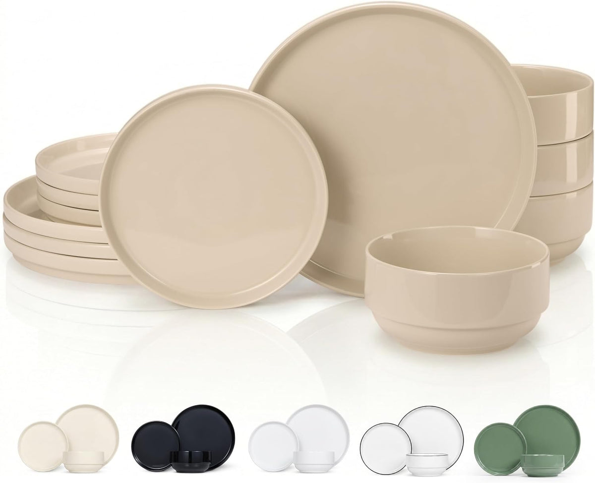 Vase and Vessel Ceramic Dinnerware Set, 12-Piece Service for 4, Round, Microwave and Dishwasher Safe, Cambridge Classics (French)