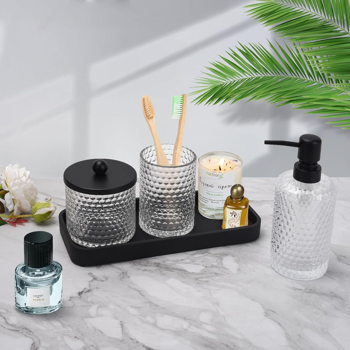 Bathroom Accessory Set,4 Pcs Clear Glass Bathroom Accessories Set-Lotion Soap Dispenser,Toothbrush Holder,Qtip Holder Dispenser & Resin Vanity Tray,Countertop Vanity Organizer,Crystal Clear