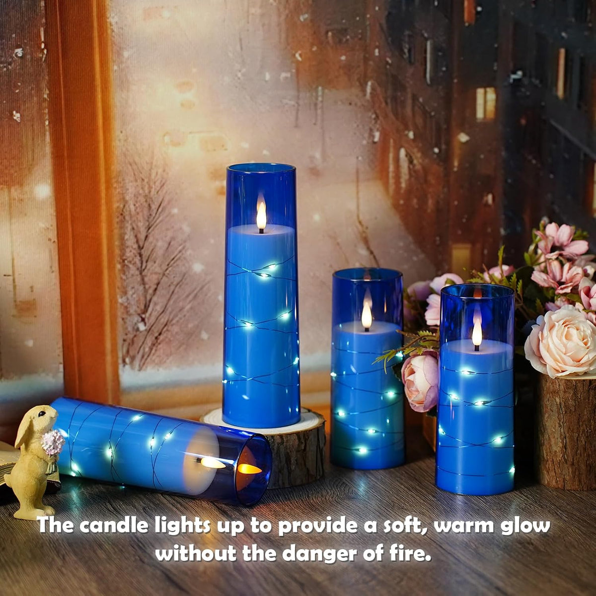 kakoya Flameless LED Candles with Timer 5 Pc Flickering Flameless Candles for Romantic Ambiance and Home Decoration Stable Acrylic Shell,with Embedded Star String，Battery Operated Candles（Blue）