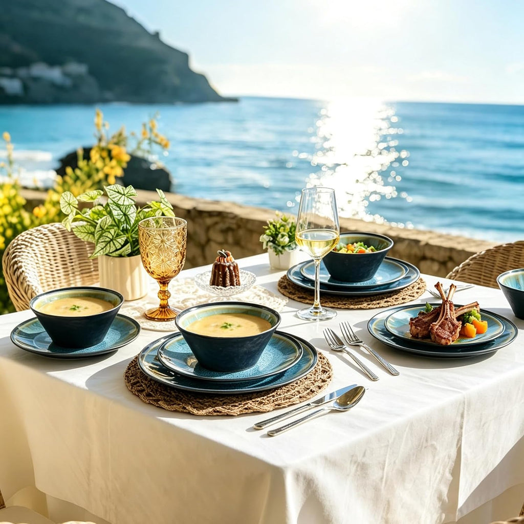 Melamine Dinnerware Sets, 12 Pcs Plates and Bowls for 4, Blue and Black