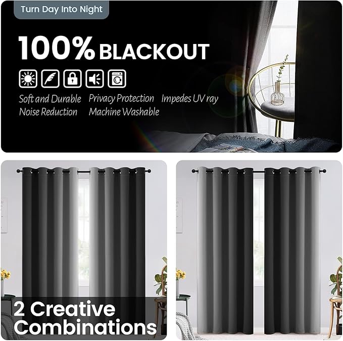 SimpleHome Black Ombre 100% Blackout Curtains - Image 2