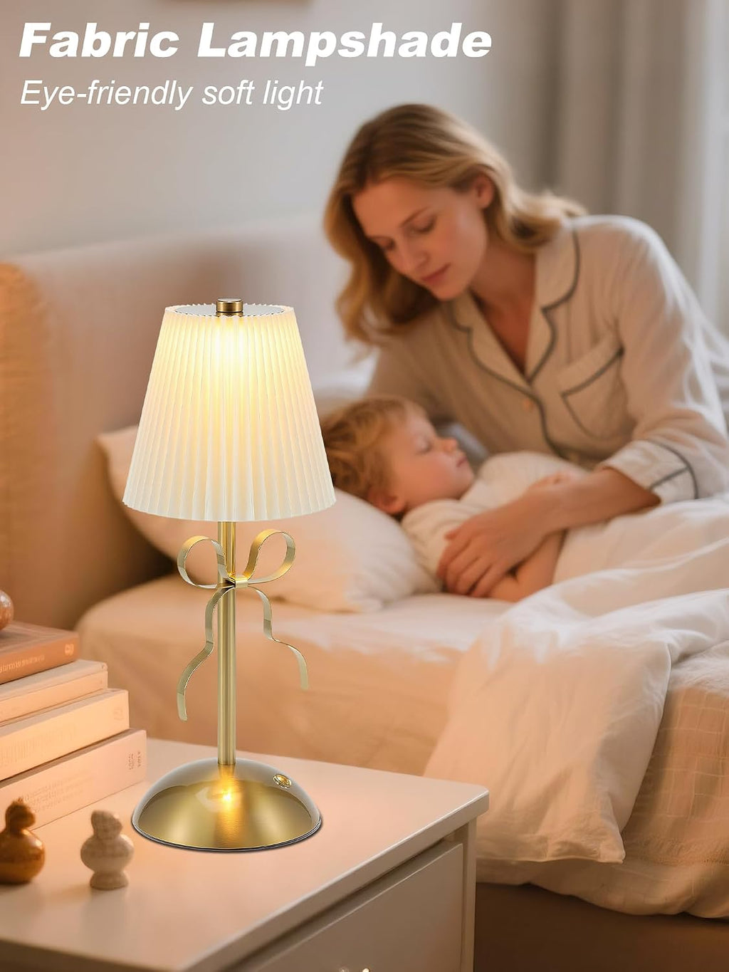 Cordless Table Lamp, Small Gold Bow Night Light, LED Rechargeable