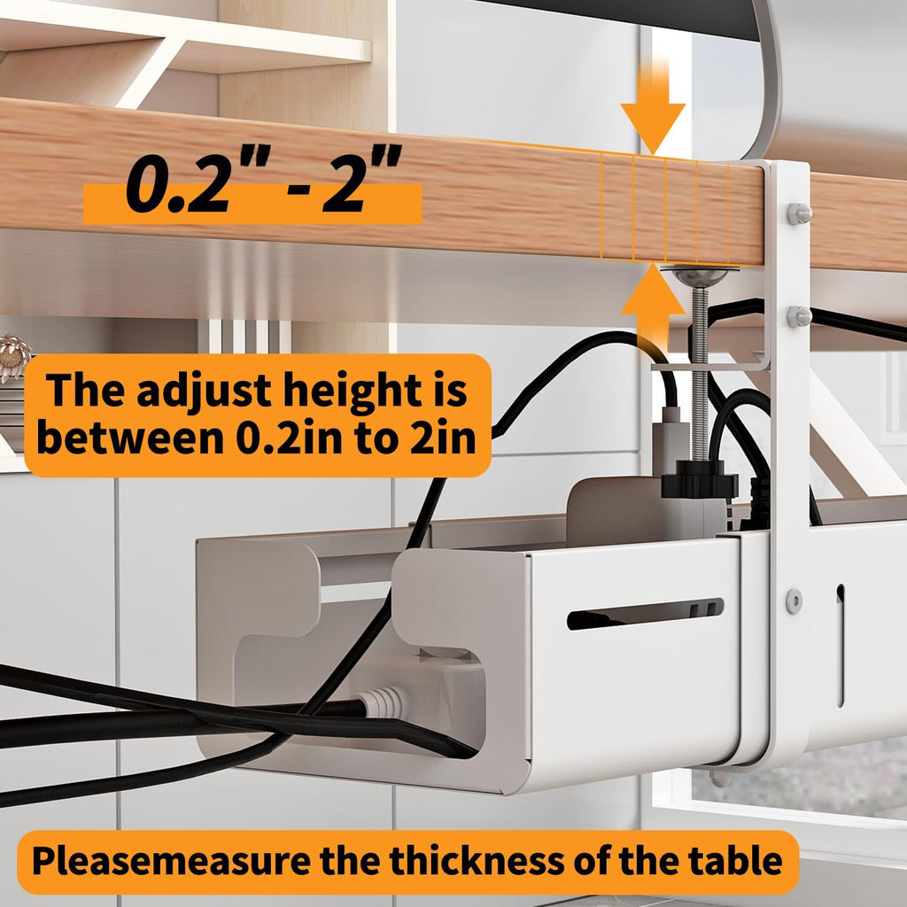 Under Desk Cable Management Tray, Expandable Length 25.2"-38.6",No Drill No Damage to Desk,Cable Tray with Clamp for with Wire Management,for Cord Organizer for Home Office Standing Desk, White