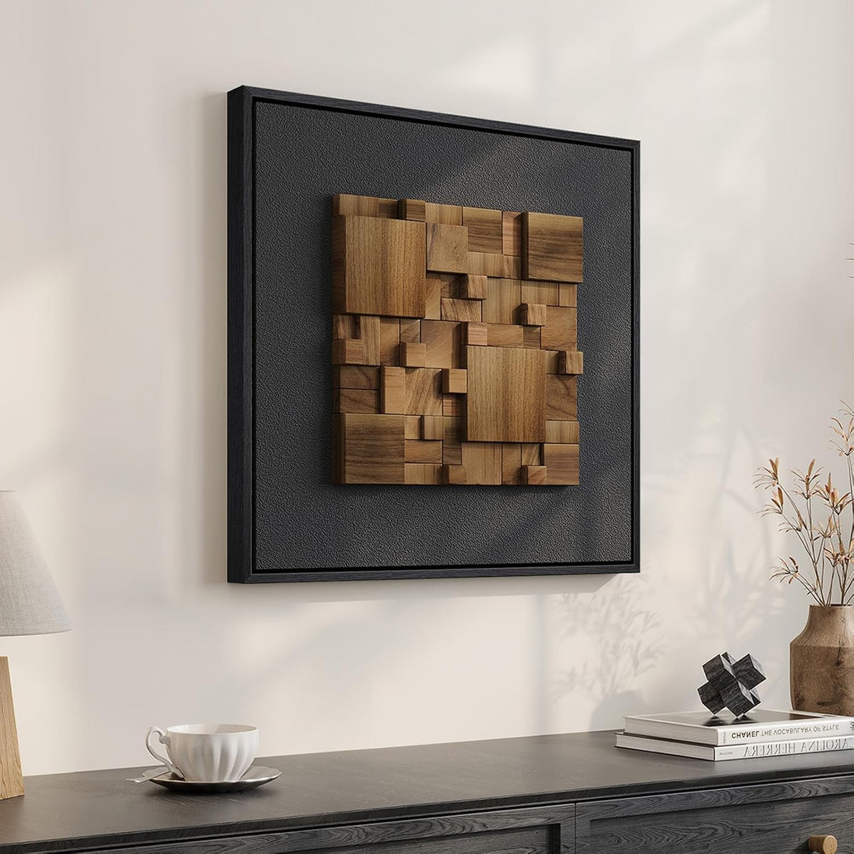 Framed 3D Textured Wood Wall Art for Living Room, Abstract Geometric 20x20