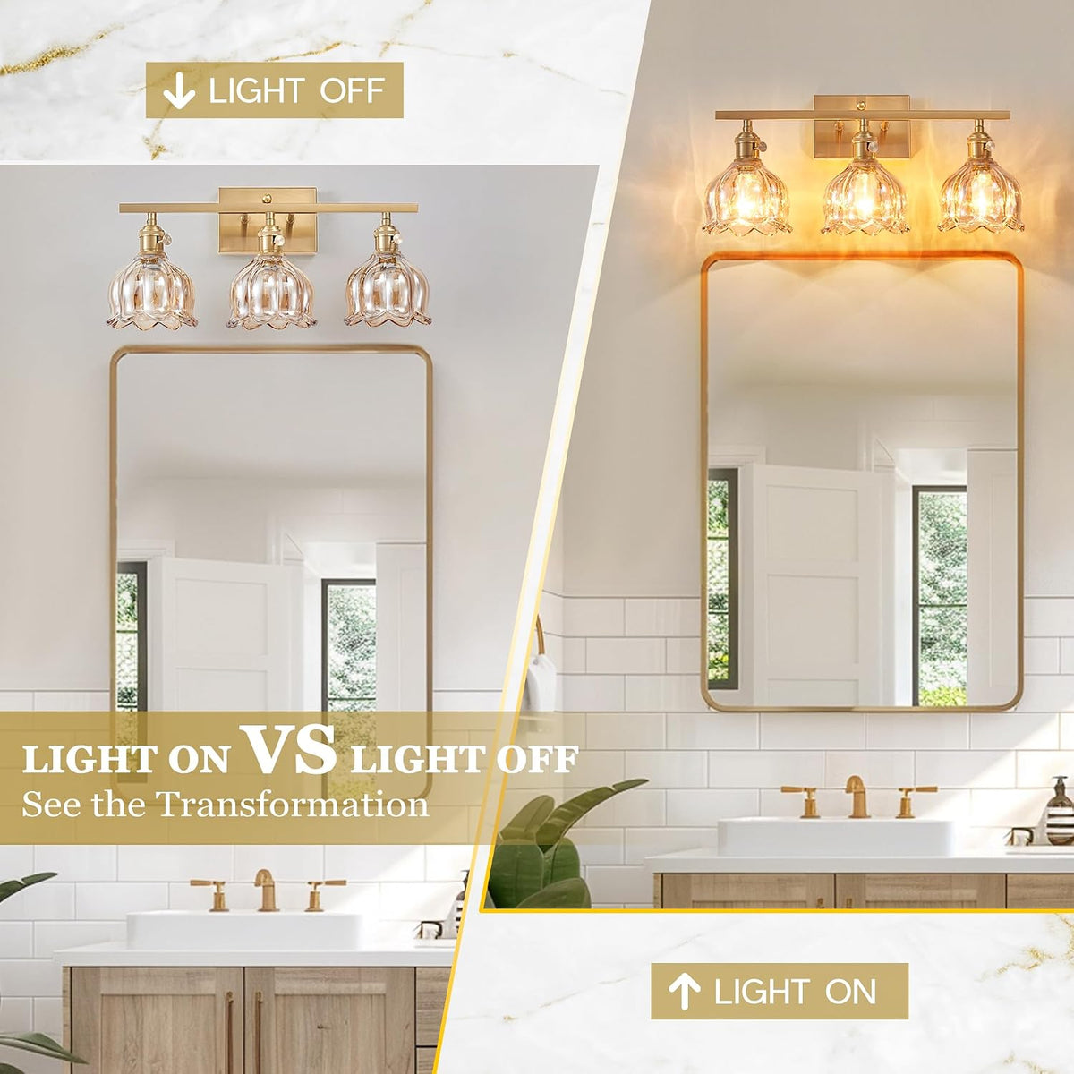 3-Light Vanity Light, Brushed Gold, 19.4", Amber Tulip Glass