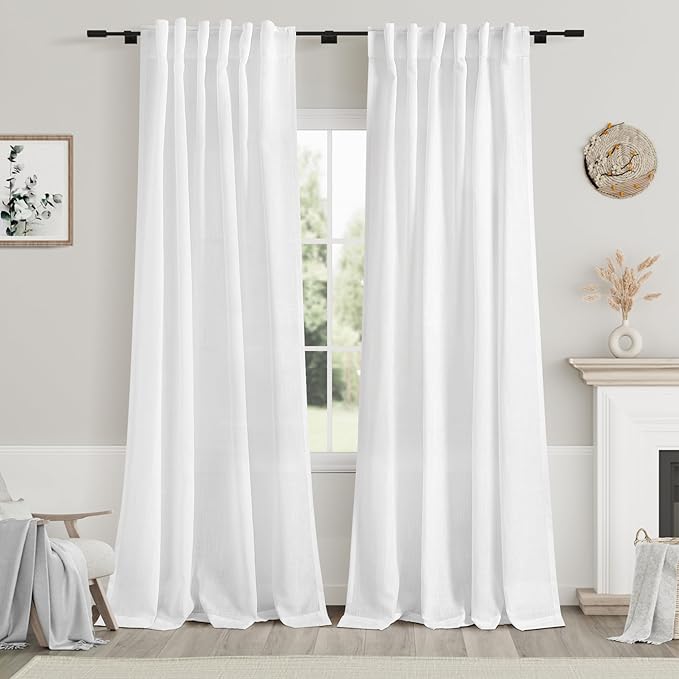 White Linen Curtains 84 Inch Length 2 Panels Back Tab Rod Pocket Semi Sheer by Nanspring