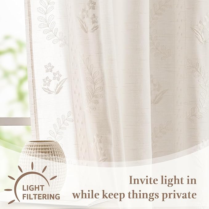 jinchan Belrose Linen Floral Cafe Curtains 54 Inch Length Embroidered Farmhouse - Image 6