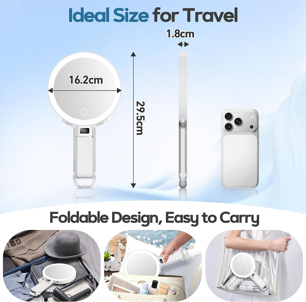 30X Travel Magnifying Mirror with Light, Height Adjustable Vanity Mirror with Phone Holder Stand, Portable Compact Handheld Makeup Mirror with Smart Display for Travel, Daily Makeup Use, White