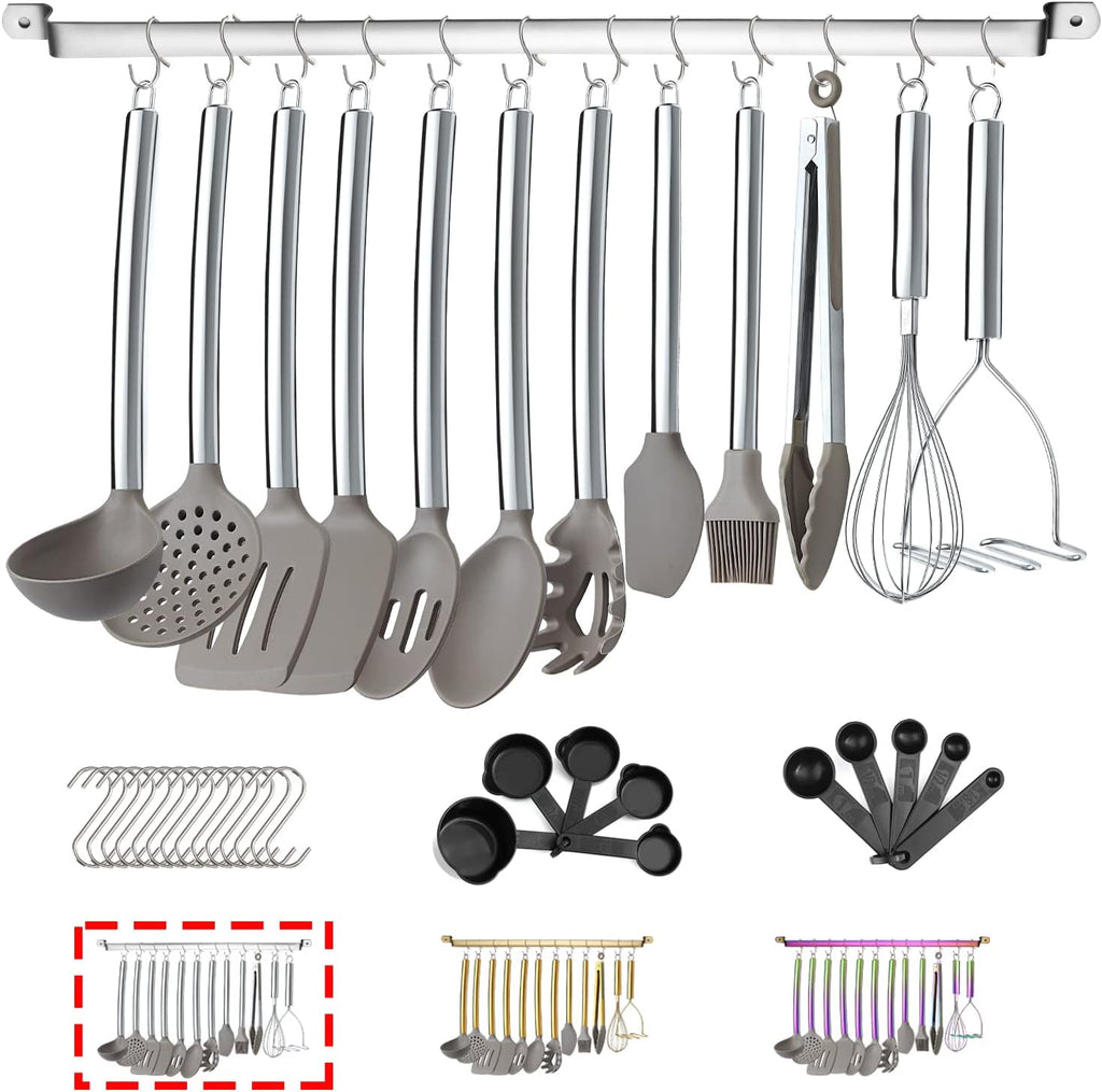 38 Piece Silicone kitchen Cooking Utensils Set with Utensil Rack, Silicone Head and Stainless Steel Handle Cookware, Kitchen Tools for Utensil Sets, Non-Stick kitchen Gadgets, Dishwasher Safe(Silver)