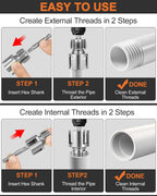 3PCS Carbon Steel Internal & External Pipe Threading Tool Set, 1/2", 3/4", 1" PVC Pipe Threader Kit with Gloves & Tape, Drill-Compatible for Smooth Threading, Plumbing Projects and Home Repairs