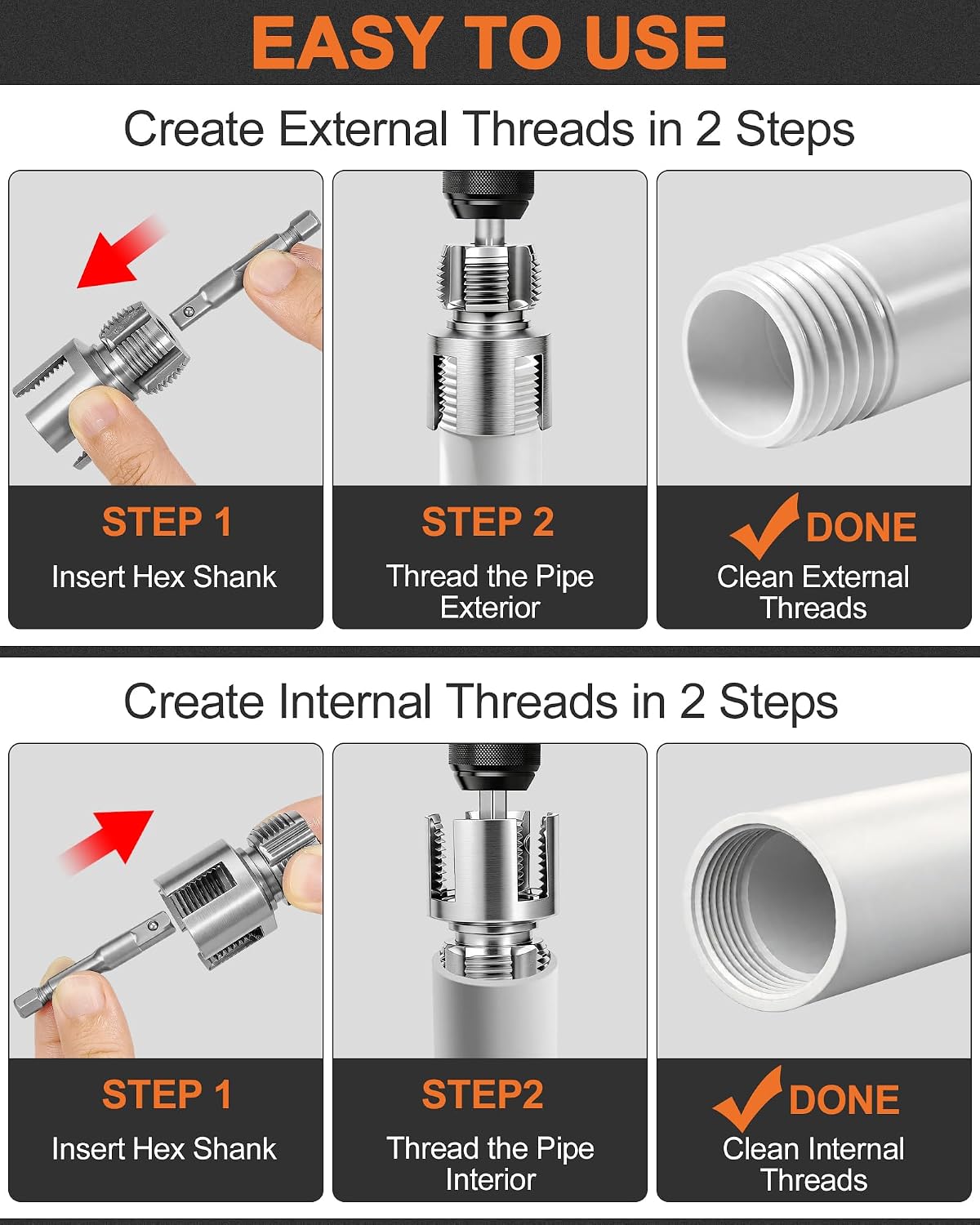 3PCS Carbon Steel Internal & External Pipe Threading Tool Set, 1/2", 3/4", 1" PVC Pipe Threader Kit with Gloves & Tape, Drill-Compatible for Smooth Threading, Plumbing Projects and Home Repairs