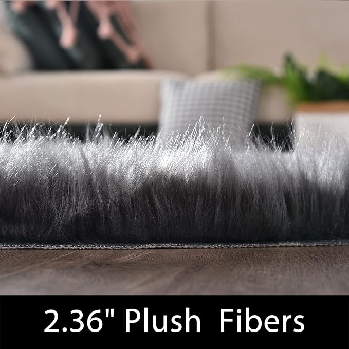 Latepis 4x6 Shag Dark Grey Faux Fur Sheepskin Rug Bedside Plush Rugs Washable - Image 2