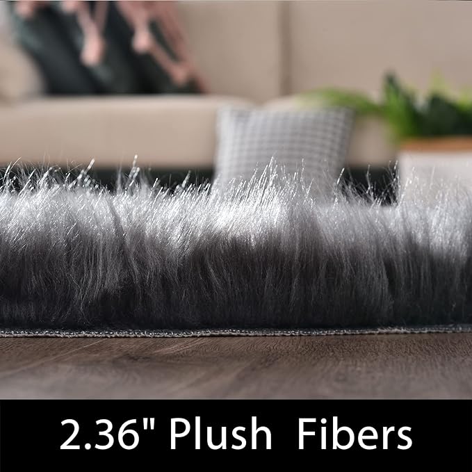 Latepis Dark Grey Round Rug 3ft Faux Fur Circle Rug Fluffy Furry Fuzzy Rug - Image 2