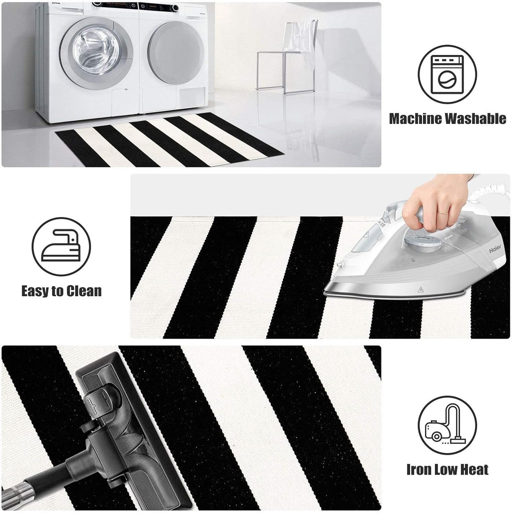 LEEVAN 2x4.3 Small Black and White Striped Layered Woven Outdoor Door Mats