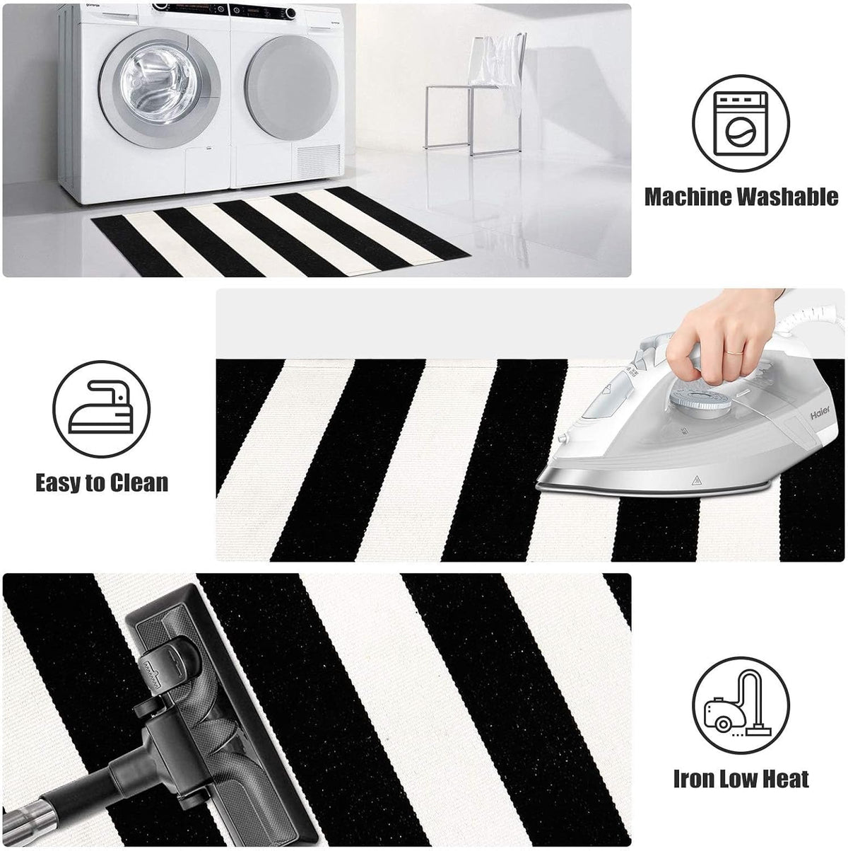 LEEVAN 2x4.3 Small Black and White Striped Layered Woven Outdoor Door Mats