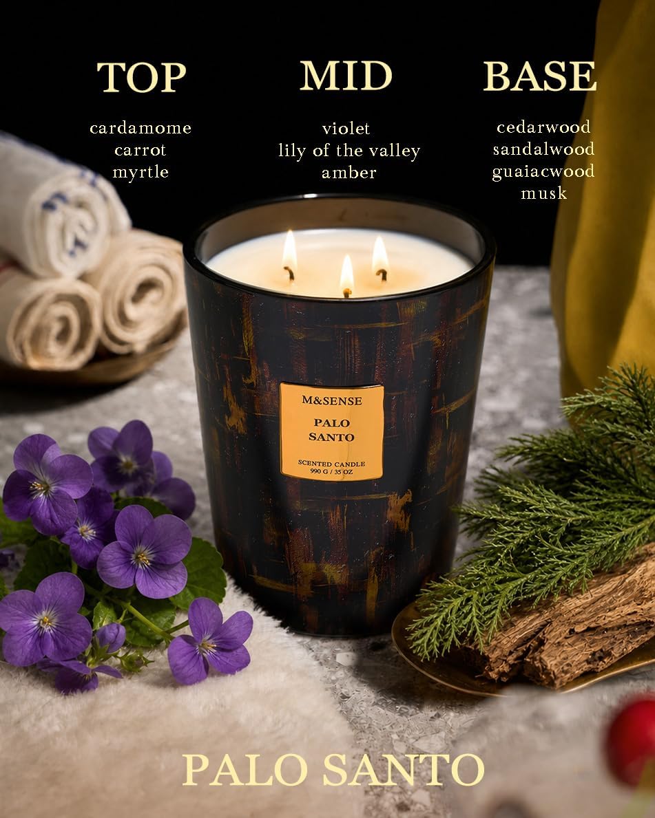 M&SENSE Palo Santo Scented Soy Candle, Large 3-Wick 35oz Candles