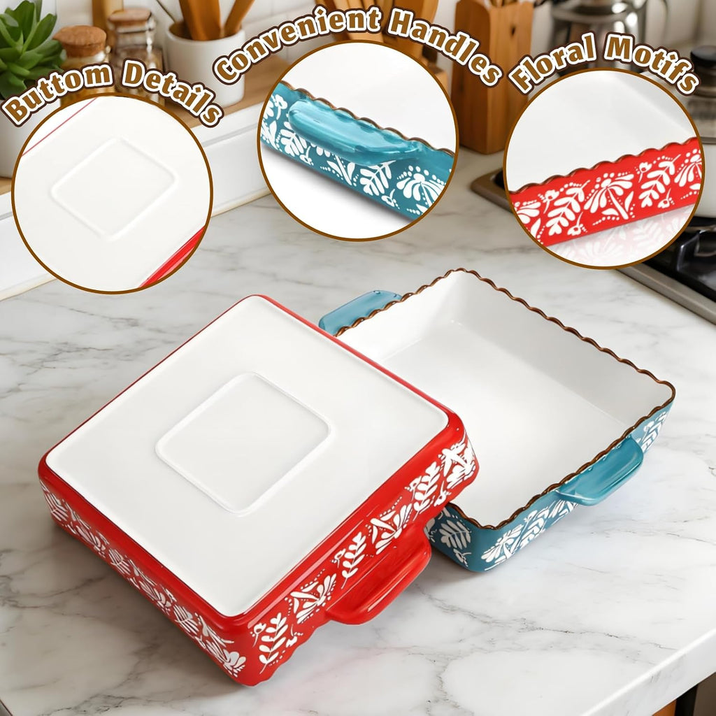 2 Pack Ceramic Baking Dish with Double Handle, 9 x 9 Inch