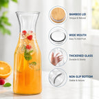 Glass Carafe with Bamboo Lid, Round 35 Oz Beverage Dispensers Carafe, Mimosa Bar Supplies, Round Clear Glass Pitcher with Name Labels for Iced Tea, Coffee, Juice(Set of 4)