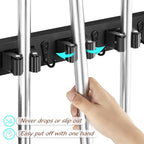 OUTNILI Black Mop Broom Holder Wall Mount with 4 Slots & 4 Hooks - Rustic Wood Broom Mop Hanger for Pantry Closet Laundry Room Organization - Heavy Duty Garden Tool Organizer - Black Kitchen Decor