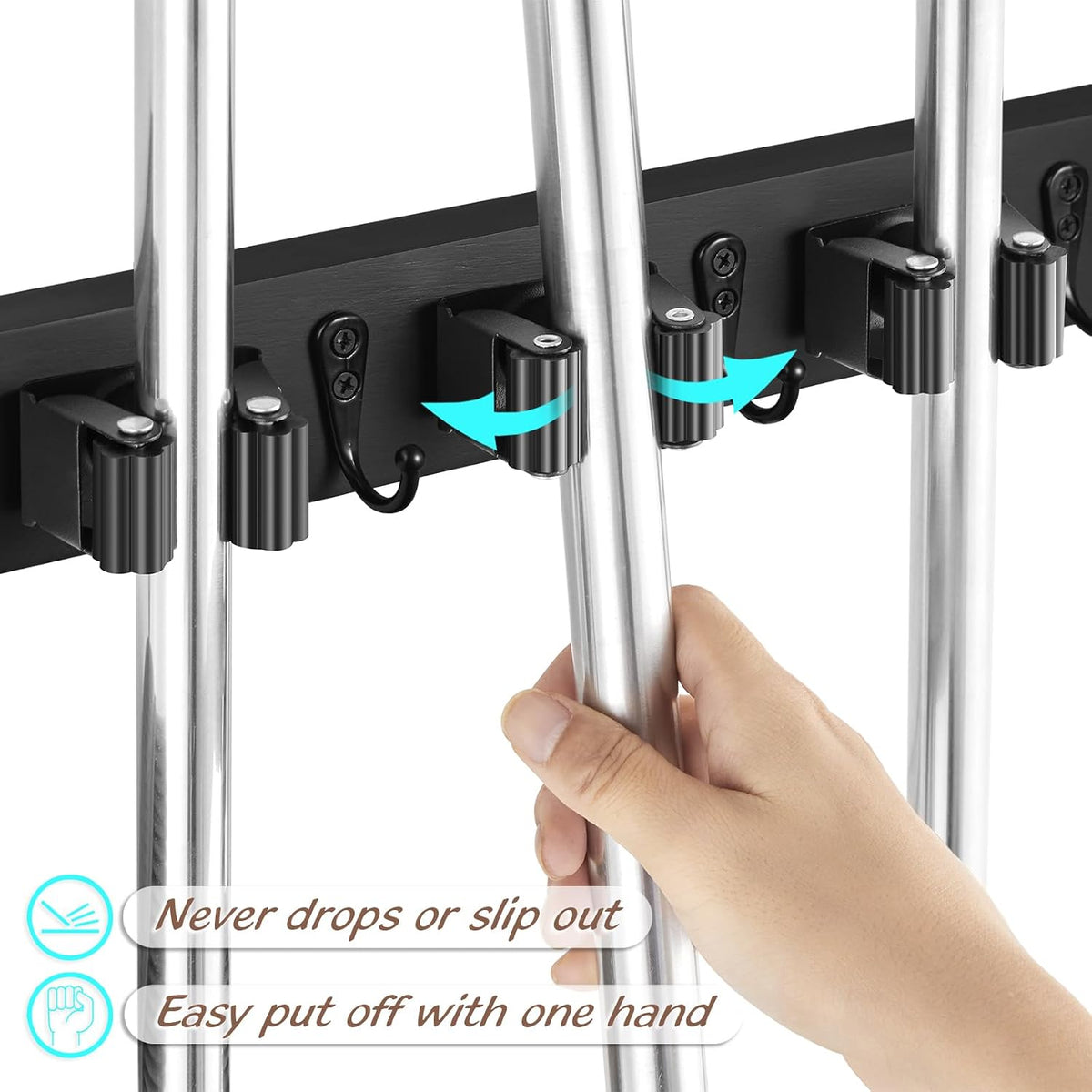 OUTNILI Black Mop Broom Holder Wall Mount with 4 Slots & 4 Hooks - Rustic Wood Broom Mop Hanger for Pantry Closet Laundry Room Organization - Heavy Duty Garden Tool Organizer - Black Kitchen Decor