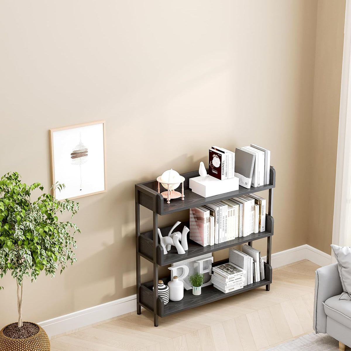 OSCHF Wide Open Shelf Bookcase, 3-Tier, Full Black